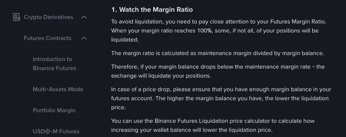 Binance Help Center page How to Reduce Your Chances of Getting Liquidated, section 1 Watch the Margin Ratio: positions are liquidated when the margin ratio reaches 100%, and the margin ratio is maintenance margin divided by margin balance